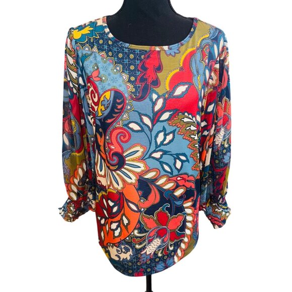 NWT Ali Miles Knit Leaf Multi Print Tunic Top Balloon Sleeve Boho Paisley Blouse - Picture 1 of 11